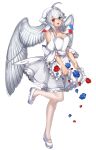  1girl :d ahoge blue_eyes blue_rose flower head_wings heterochromia katagiri_hachigou looking_at_viewer mary_janes open_mouth pantyhose personification pokemon red_eyes red_rose rose shoes simple_background smile solo togekiss white_background white_hair white_legwear white_wings wings 