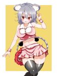  1girl animal_ears belly black_legwear blush breasts fat_folds highres large_breasts looking_at_viewer midriff mouse_ears mouse_tail navel nazrin nekoro_(nekokabuto) open_mouth pink_skirt plump red_eyes short_hair silver_hair skirt solo tail thick_thighs thigh-highs thighs touhou yellow_background 