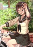  1girl arm_up bicycle black_hair blush feesu_(rinc7600) grey_eyes hot neckerchief open_mouth original ponytail school_uniform serafuku skirt solo sweat sweating wiping_sweat 