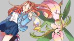  2girls brown_hair chouoko digimon digimon_adventure digimon_adventure_tri egg leaf lillymon long_hair multiple_girls school_uniform skirt tachikawa_mimi vines wings 