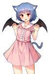  1girl animal_ears bat_wings blue_hair blush cat_ears cat_tail dress fang highres kemonomimi_mode looking_at_viewer open_mouth pink_dress puffy_short_sleeves puffy_sleeves red_eyes remilia_scarlet shone short_hair short_sleeves simple_background smile solo tail touhou white_background wings 