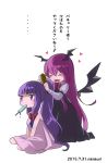  2girls alternate_costume alternate_hairstyle artist_name bat_wings blush brush closed_eyes dated dress food_in_mouth head_wings heart highres kneeling koakuma long_hair long_sleeves looking_away multiple_girls musical_note namauni necktie open_mouth patchouli_knowledge ponytail popsicle puffy_sleeves purple_hair redhead simple_background sitting sleeveless smile sweat text touhou translated very_long_hair violet_eyes white_background wings 
