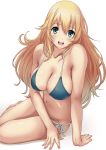  1girl :d arm_support atago_(kantai_collection) bikini blonde_hair blue_bikini blue_eyes blush breasts cleavage collarbone commentary_request fingernails groin kantai_collection long_hair looking_at_viewer navel open_mouth sakiyamama simple_background sitting smile solo swimsuit teeth white_background yokozuwari 