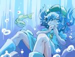  1girl blue_eyes blue_hair covering_mouth fish hair_bobbles hair_ornament hat kawashiro_nitori key shinapuu short_hair skirt solo touhou twintails two_side_up underwater 