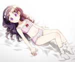  1girl bangs bed bed_sheet blush chloe_ardenne chloe_no_requiem collarbone frills hairband long_hair looking_at_viewer lying navel open_mouth poke_nk purple_hair sidelocks solo underwear violet_eyes 