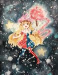  1girl american_flag_legwear blonde_hair blush clownpiece fairy_wings fang hand_up hat highres jester_cap long_hair open_mouth red_eyes shinsaku smile solo space star touhou traditional_media very_long_hair watercolor_(medium) wings 
