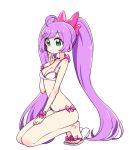  1girl ahoge bikini body_blush bow breasts chan_co from_side full_body green_eyes hair_bow hand_on_own_cheek long_hair manaka_lala navel pink_bow pripara purple_hair sandals simple_background solo swimsuit twintails very_long_hair white_background 