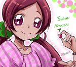  1girl arudebido character_name cherry food fruit hanasaki_tsubomi heartcatch_precure! long_hair pink_eyes pink_shirt precure redhead shirt smile solo twintails twitter_username 