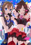  2girls ;d animal_ears blue_eyes blush breasts brown_hair cat_ear_headphones cat_ears cat_tail detached_collar etsuo fang frilled_skirt frills garter_straps green_eyes hair_ornament headphones highres idolmaster idolmaster_cinderella_girls jewelry long_hair looking_at_viewer maekawa_miku microphone multiple_girls navel necklace one_eye_closed open_mouth over_the_collar paw_pose ponytail red_legwear short_hair skirt smile strapless tada_riina tail thigh-highs tubetop 