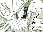  1girl axe boots chopping comic commentary cross-laced_footwear fujiwara_no_mokou mitsumoto_jouji monochrome pants silent_comic touhou weapon wood 