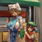  2girls animal_ears bag blonde_hair blush breasts brown_eyes brown_hair cat_ears chanta_(ayatakaoisii) chen fang green_hat groceries hand_up hat large_breasts long_sleeves looking_at_another multiple_girls multiple_tails open_mouth outdoors shopping_bag short_hair short_sleeves tabard tail talking touhou two_tails vegetable vest village wide_sleeves yakumo_ran 