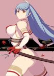  1girl ahoge ass blue_hair breasts elbow_gloves gloves highres kondou_totetsu large_breasts leotard long_hair looking_at_viewer original red_eyes scabbard sheath simple_background solo sword thong_leotard weapon white_legwear 