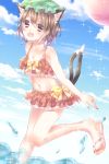  1girl animal_ears bikini blue_sky bow brown_hair cat_ears cat_tail chen clouds fang frilled_bikini frills hat highres jewelry looking_at_viewer midriff mob_cap multiple_tails nail_polish navel open_mouth partially_submerged red_bikini red_eyes sandals short_hair single_earring sky smile solo sparkle standing_on_one_leg swimsuit tail touhou water yuuki_(yuurinn_yuurinn) 