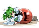  1girl bucket green_eyes green_hair hair_bobbles hair_ornament in_container kisume pot shinapuu short_hair smile solo touhou twintails 