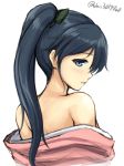  1girl bare_shoulders blue_hair blush don_(29219) from_behind hakama houshou_(kantai_collection) japanese_clothes kantai_collection kimono long_hair looking_at_viewer looking_back nape off_shoulder parted_lips ponytail profile simple_background sketch smile solo twitter_username undressing upper_body white_background 