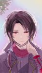  1boy blush hand_on_own_neck kashuu_kiyomitsu long_hair looking_at_viewer low_ponytail lowres mole mole_under_mouth red_eyes red_scarf scarf solo sweat toi_(toiot) touken_ranbu upper_body 