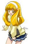  1girl alternate_hair_length alternate_hairstyle arudebido blonde_hair blue_skirt book brown_eyes cardigan hairband highres kise_yayoi long_hair precure skirt smile smile_precure! solo twitter_username white_background 