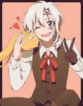  1boy ;d allen_walker d.gray-man facial_mark heart male_focus matsuki_(mikipingpong) one_eye_closed open_mouth ponytail sitting smile timcanpy v violet_eyes waistcoat white_hair 