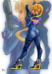  1girl armor ass blonde_hair blue_eyes bodysuit boringmu contrapposto dated emblem from_behind full_body gloves glowing greaves gun half-closed_eyes handgun high_heels high_ponytail highres holding holding_weapon holster long_hair looking_at_viewer looking_back metroid neon_trim ponytail profile samus_aran scrunchie serious sidelocks signature solo standing super_smash_bros. thigh_holster thigh_strap trigger_discipline turtleneck weapon white_background zero_suit zoom_layer 