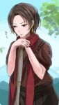  1boy :t blue_sky earrings japanese_clothes jewelry kashuu_kiyomitsu mole mole_under_mouth nail_polish red_eyes red_nails red_scarf scarf short_hair sky solo toi_(toiot) touken_ranbu tree 