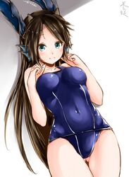  1girl black_hair blue_eyes dragon_girl dragon_horns head_fins horns karin_(p&amp;d) long_hair one-piece_swimsuit puzzle_&amp;_dragons silver_(pixiv5594793) swimsuit 