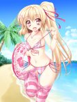  1girl :d beach bikini blonde_hair blush bracelet flandre_scarlet flat_chest floral_print hair_ornament hair_ribbon hairclip heart_hair_ornament highres hips innertube jewelry kamiya_tomoe long_hair looking_at_viewer midriff navel necklace no_hat no_wings ocean open_mouth pink_legwear plaid plaid_bikini red_eyes ribbon sand short_hair_with_long_locks side_ponytail small_breasts smile solo standing_on_one_leg striped striped_legwear swimsuit thigh-highs touhou very_long_hair 