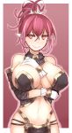  1girl between_breasts blush breasts detached_collar large_breasts navel pointy_ears ponytail red_eyes redhead shirogane_usagi short_hair smile solo 