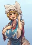  blonde_hair blue_sky blush breasts brown_eyes chanta_(ayatakaoisii) cleavage cowboy_shot dress fang hat hips hot huge_breasts long_sleeves no_tail open_mouth see-through short_hair simple_background sky sweat tabard teeth thick_thighs thighs tongue touhou towel wet wet_clothes white_dress wiping_sweat yakumo_ran 