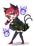  1girl absurdres animal_ears black_legwear blush_stickers bow braid cat_ears cat_tail dress dress_lift extra_ears fang full_body garter_straps green_dress hair_bow hair_ornament high_heels highres kaenbyou_rin koissa long_hair long_sleeves looking_at_viewer looking_back multiple_tails pointy_ears puffy_sleeves red_eyes redhead simple_background skull solo tail thigh-highs touhou twin_braids white_background 