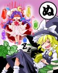  2girls anger_vein angry blonde_hair book bow braid closed_eyes crescent crystal hair_bow hat highres kirisame_marisa long_hair multiple_girls open_mouth patchouli_knowledge purple_hair ribbon saliva shinapuu sleeping smile touhou witch_hat 