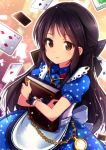  1girl alice_(wonderland) alice_(wonderland)_(cosplay) alice_in_wonderland black_hair book bow brown_eyes card chain cosplay dress hair_bow half_updo idolmaster idolmaster_cinderella_girls ima_(lm_ew) long_hair namesake playing_card pocket_watch polka_dot polka_dot_dress solo tachibana_arisu watch 