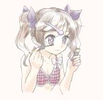  1girl :3 applying_makeup bra breasts cleavage collarbone hair_ornament hair_ribbon hairclip himekaidou_hatate long_hair nail_polish nibi pink_nails plaid plaid_bra pointy_ears ribbon solo touhou twintails underwear upper_body violet_eyes 