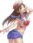  1girl breasts brown_eyes brown_hair hat idolmaster idolmaster_cinderella_girls long_hair midriff nitta_minami sailor_collar smile solo usukuti 