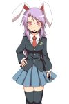  1girl animal_ears black_legwear blazer blouse breasts brooch crescent_moon hair_ornament hairclip hand_on_hip jewelry kuroba_rapid large_breasts long_hair looking_at_viewer moon necktie open_mouth pleated_skirt purple_hair rabbit_ears red_eyes reisen_udongein_inaba simple_background skirt solo thigh-highs touhou transparent_background zettai_ryouiki 