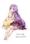  1girl alternate_costume barefoot casual contemporary hand_on_own_chin patchouli_knowledge pillow purple_hair sitting skirt solo touhou toutenkou 