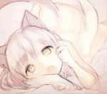  1girl animal_ears bed_sheet cat_ears cat_tail fangs green_eyes looking_at_viewer okayu_(headless) open_mouth pale_color panties sanya_v_litvyak short_hair side-tie_panties silver_hair solo strike_witches tail top-down_bottom-up underwear white_panties 