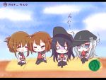  4girls akatsuki_(kantai_collection) anchor_symbol blue_eyes brown_hair closed_eyes commentary_request eating flat_cap folded_ponytail food fruit hat hibiki_(kantai_collection) ikazuchi_(kantai_collection) inazuma_(kantai_collection) kantai_collection long_hair multiple_girls nor_nao o_o pantyhose purple_hair school_uniform serafuku short_hair silver_hair thigh-highs translation_request twitter_username watermelon wavy_mouth 