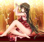  1girl adapted_costume barefoot blush branch china_dress chinese_clothes houraisan_kaguya jeweled_branch_of_hourai legs long_hair looking_at_viewer moneti_(daifuku) open_mouth pelvic_curtain red_eyes solo touhou very_long_hair 