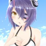  1girl :o artist_request bikini blush breasts cleavage clouds dripping eyepatch flying_sweatdrops kantai_collection purple_hair solo sweat sweating swimsuit tenryuu_(kantai_collection) water wet yellow_eyes 