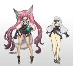  1girl animal_ears artist_request ass black_panties blade_&amp;_soul boots breasts brown_eyes cleavage earrings gloves hand_on_hip jacket jewelry legs long_hair lyn_(blade_&amp;_soul) no_pants panties pink_hair sketch small_breasts smile solo tail twintails underwear very_long_hair wolf_ears 