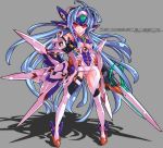  blue_hair boots elbow_gloves g.haruka garter_straps gloves kos-mos long_hair pointing pointing_at_viewer red_eyes thigh-highs very_long_hair weapon wings xenosaga 