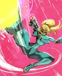  blonde_hair gun handgun kicking long_hair metroid pistol ponytail samus_aran super_smash_bros. tyson_hesse weapon zero_suit 