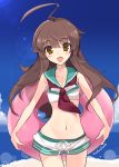  1girl ahoge brown_eyes brown_hair commentary_request crop_top groin innertube kantai_collection kuma_(kantai_collection) long_hair midriff navel ocean open_mouth short_shorts shorts sky sleeveless smile solo thigh_gap yoshiwo 