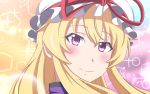  1girl blonde_hair blush commentary_request highres himouto!_umaru-chan kyoukyan looking_at_viewer mob_cap parody portrait smile solo touhou violet_eyes yakumo_yukari 