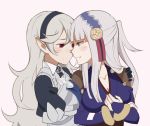  2girls blue_eyes blush breasts bridal_gauntlets chocotto715 cleavage collarbone ear_blush fire_emblem fire_emblem_if hairband jewelry kiss long_hair multiple_girls my_unit_(fire_emblem_if) nose_kiss pink_background pointy_ears puffy_short_sleeves puffy_sleeves pulled_by_self red_eyes ring short_sleeves silver_hair simple_background syalla_(fire_emblem_if) upper_body yuri 