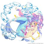  1girl air_bubble breasts bubble floating_hair full_body gem gloves happy long_gloves long_hair looking_at_viewer mansu mermaid monster_girl official_art open_mouth original pink_hair ribbon simple_background solo star underwater white_background yellow_eyes 