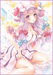  1girl :o border breasts bubble capelet cleavage colored_pencil_(medium) crescent_hair_ornament double_bun dress gradient gradient_background hair_ornament hair_ribbon long_hair looking_at_viewer marker_(medium) mob_cap patchouli_knowledge potto_(minntochan) puffy_short_sleeves puffy_sleeves purple_hair ribbon sample short_sleeves sitting skirt_hold solo star striped striped_dress touhou traditional_media tress_ribbon violet_eyes wariza watercolor_(medium) 