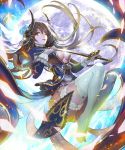  1girl ;p breasts brown_hair capelet cleavage fantasy flower garter_straps hair_flower hair_ornament horns jeongwon long_hair moon one_eye_closed original panties shingoku_no_valhalla_gate solo sword thigh-highs tongue tongue_out underwear weapon white_legwear yellow_eyes 