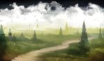  akyuun clouds fog grass highres landscape no_humans original pine_tree road scenery tree 