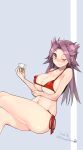  1girl 2015 bikini blush breast_hold breasts cat_paws cleavage dated earrings glass highres jewelry jun&#039;you_(kantai_collection) kantai_collection kuro_chairo_no_neko large_breasts long_hair looking_at_viewer magatama_earrings one_eye_closed paws purple_hair red_bikini side-tie_bikini signature simple_background smile solo swimsuit twitter_username violet_eyes 